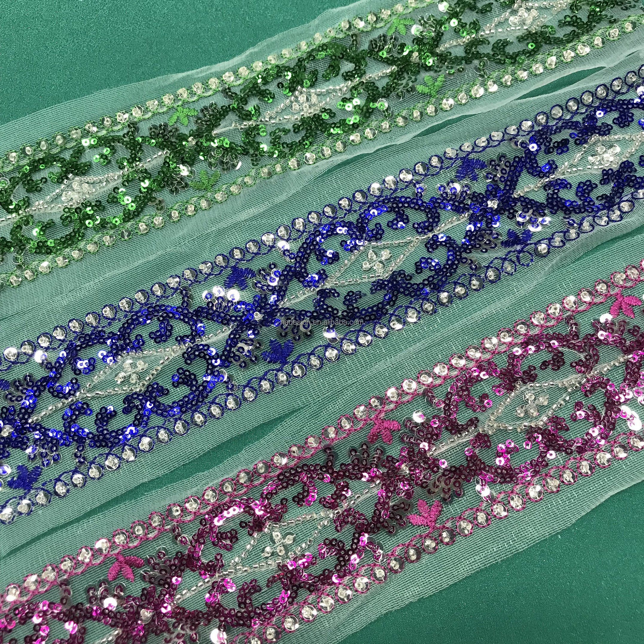 Fancy elegant lace fabric China factory wholesale trim tulle embroidery multicolor sprkling sequin beaded trimming lace fabric