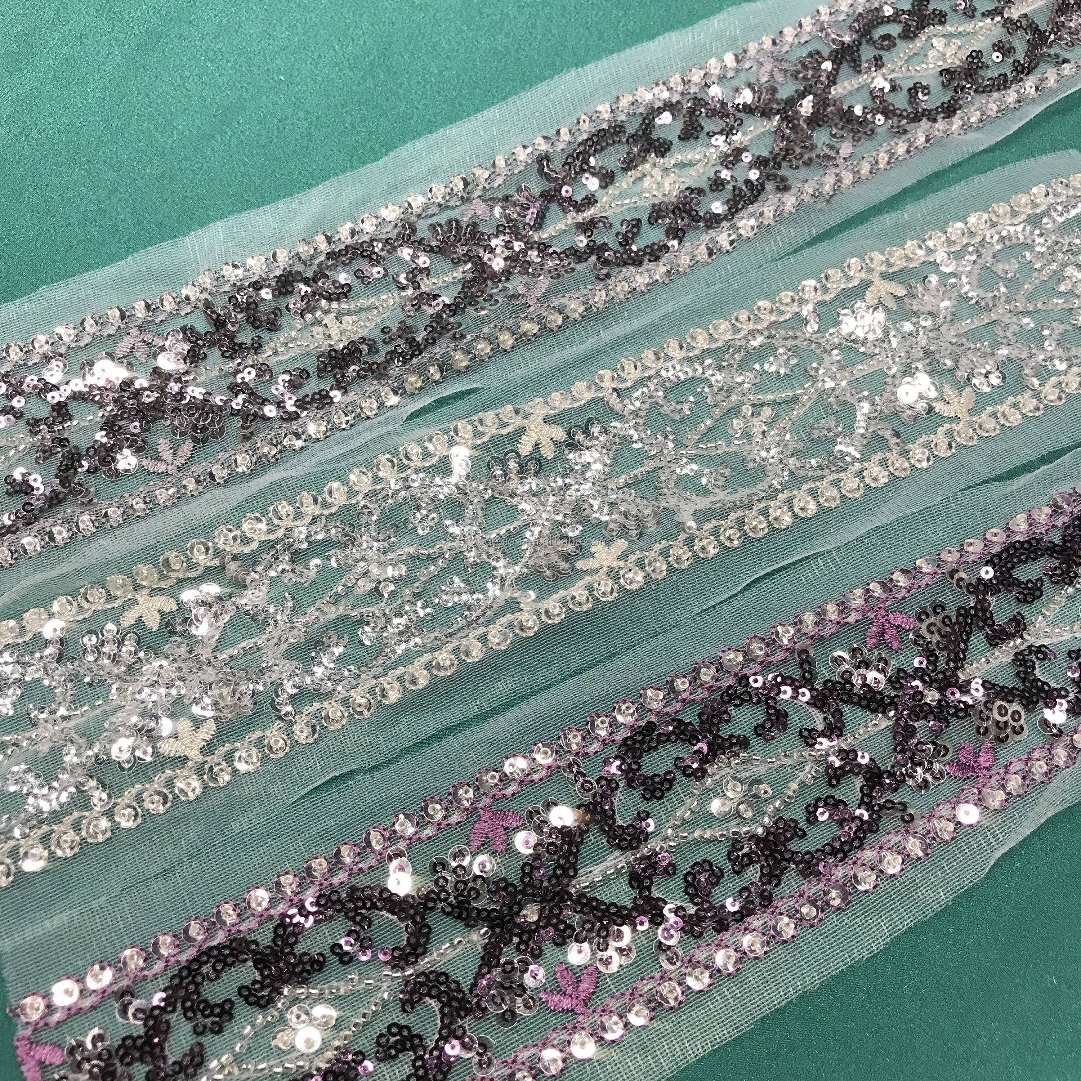 Fancy elegant lace fabric China factory wholesale trim tulle embroidery multicolor sprkling sequin beaded trimming lace fabric