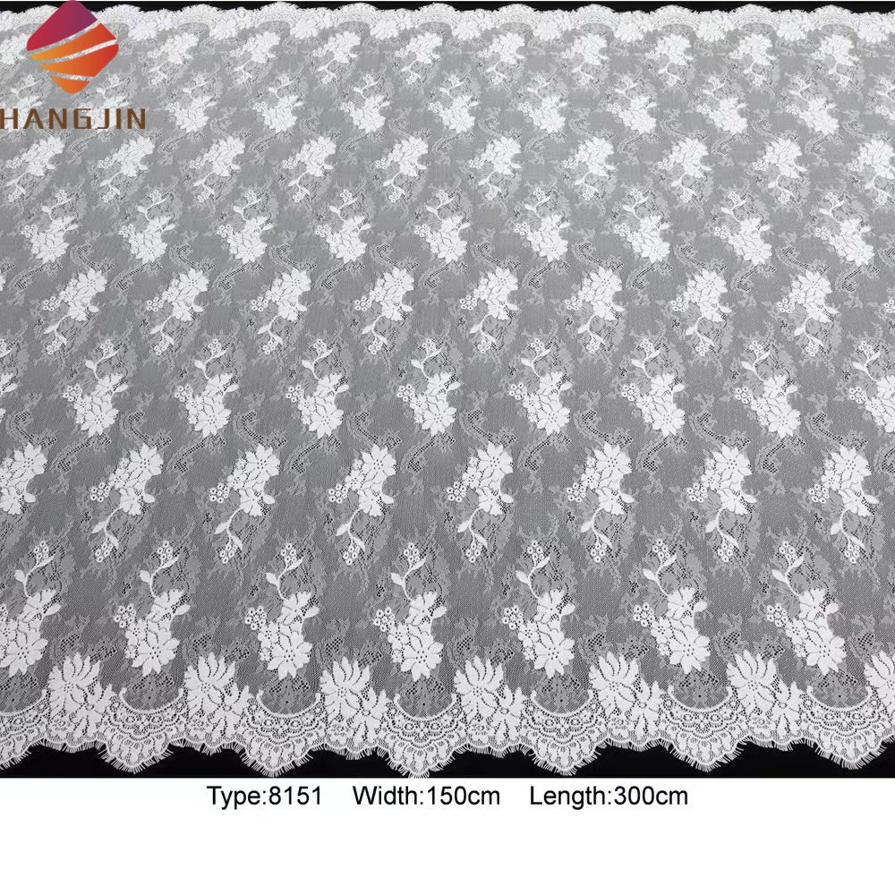 3 Meter Length Eyelash Bridal Lace Fabric White Alencon French Chantilly Lace Floral Embroidered Lace With Scallop Edge Trim