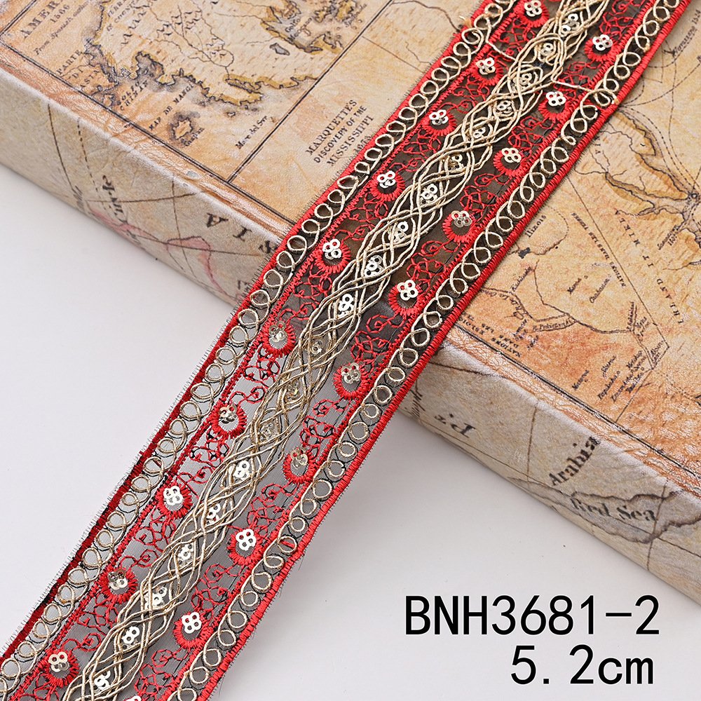 Hot Selling Garment Sequin Embroidered Voile Lace Trimming For Ethnic Style Clothing