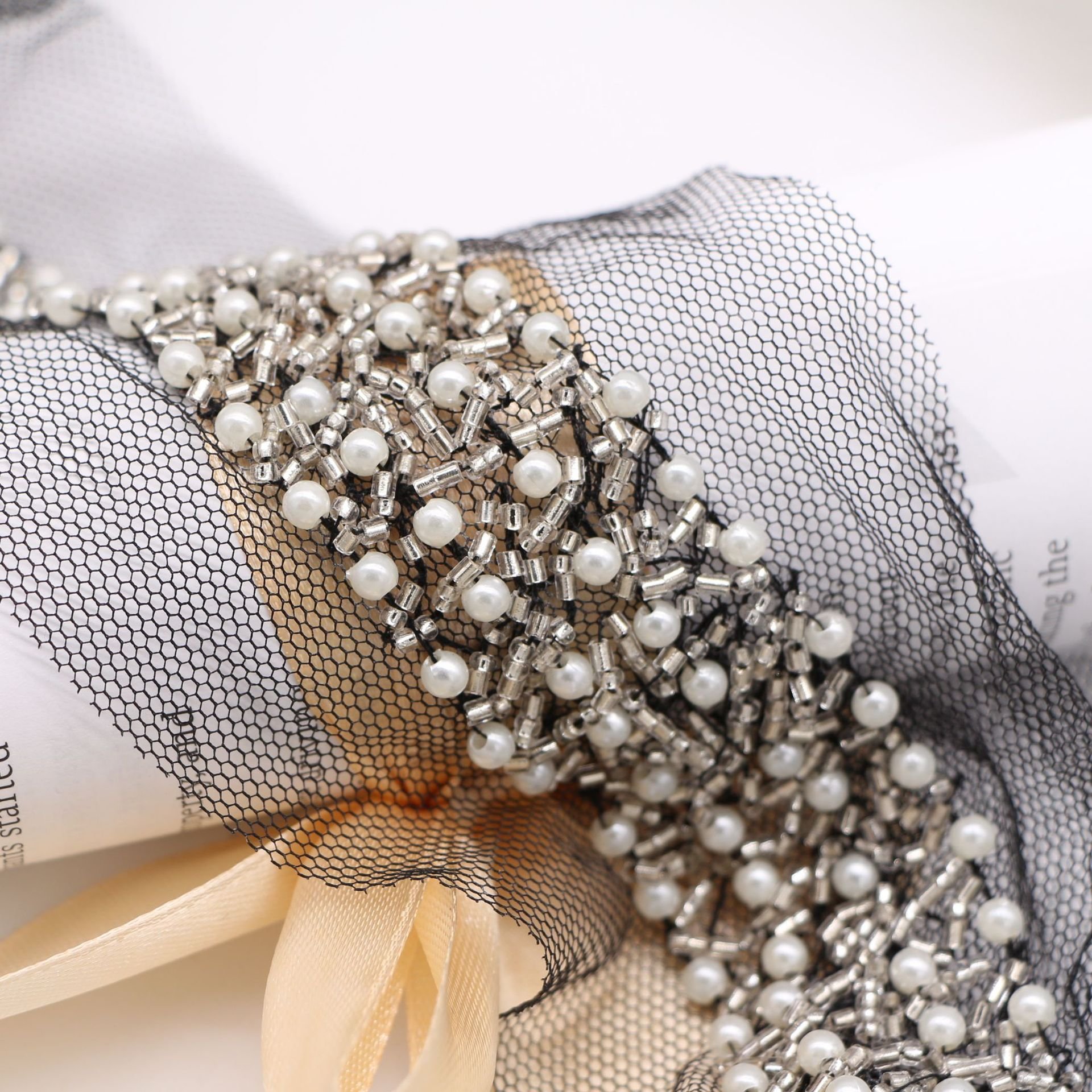 Width 3 cm Handmade Shiny pearls lace ribbon heavy tube beads tulle mesh lace trim for dress Collar decorations