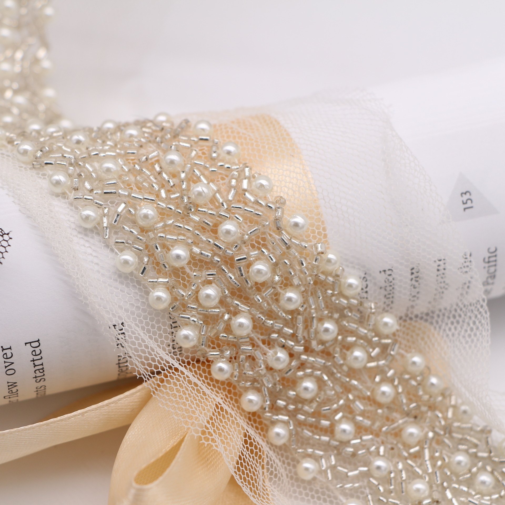 Width 3 cm Handmade Shiny pearls lace ribbon heavy tube beads tulle mesh lace trim for dress Collar decorations