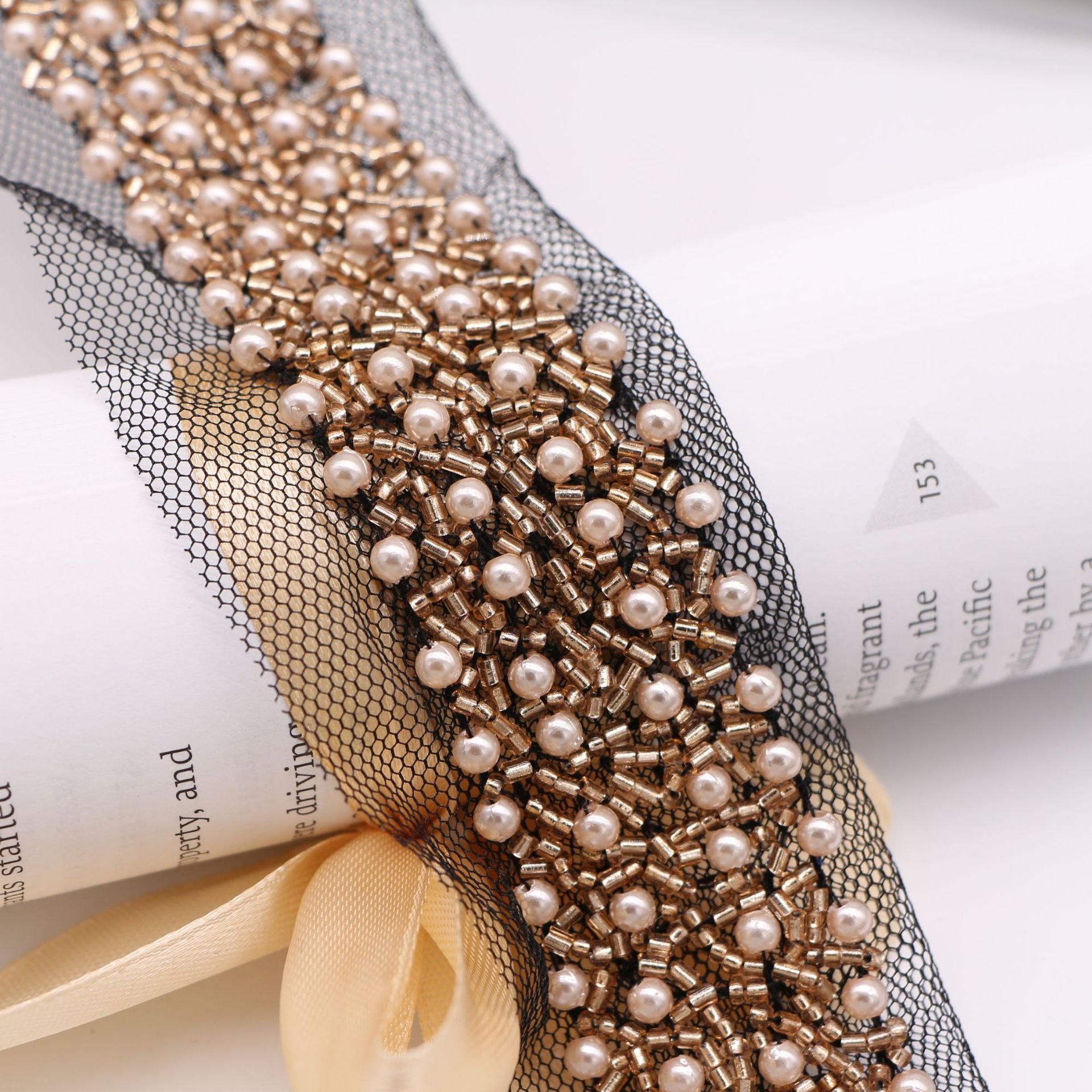 Width 3 cm Handmade Shiny pearls lace ribbon heavy tube beads tulle mesh lace trim for dress Collar decorations