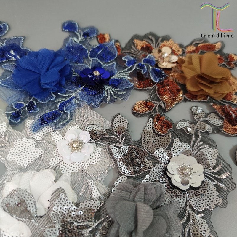 Multi color custom flower sequin chiffon embroidery patches appliques and trimmings for women clothes