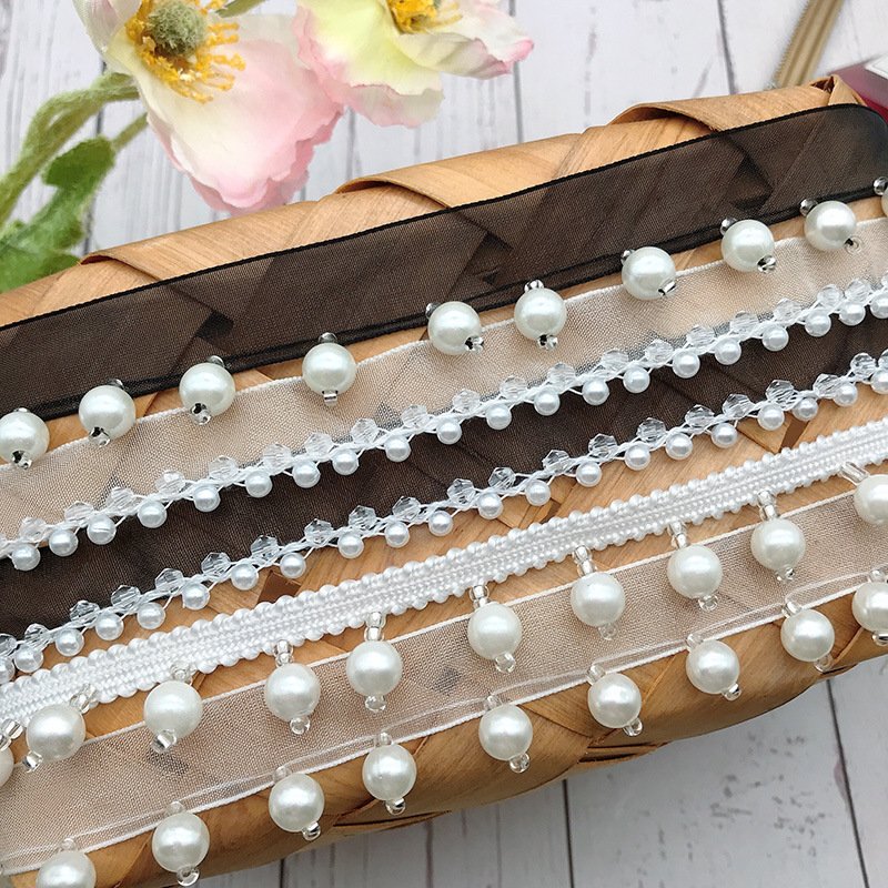 New arrival hand made bridal veil lace trim pearl beaded ribbon pearl and crystal lace trim white for dress