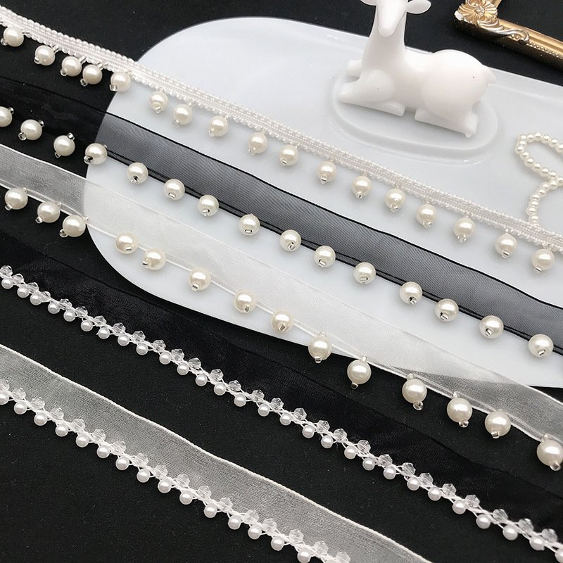 New arrival hand made bridal veil lace trim pearl beaded ribbon pearl and crystal lace trim white for dress