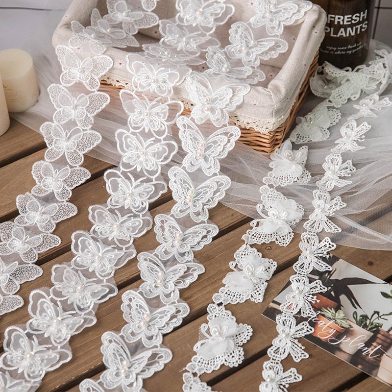 White Embroidery Lace Trim Fabric Butterfly Beads Decorate Sewing Guipure Lace Trim