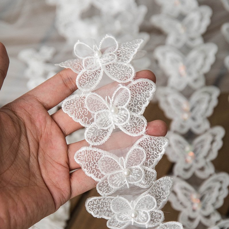 White Embroidery Lace Trim Fabric Butterfly Beads Decorate Sewing Guipure Lace Trim