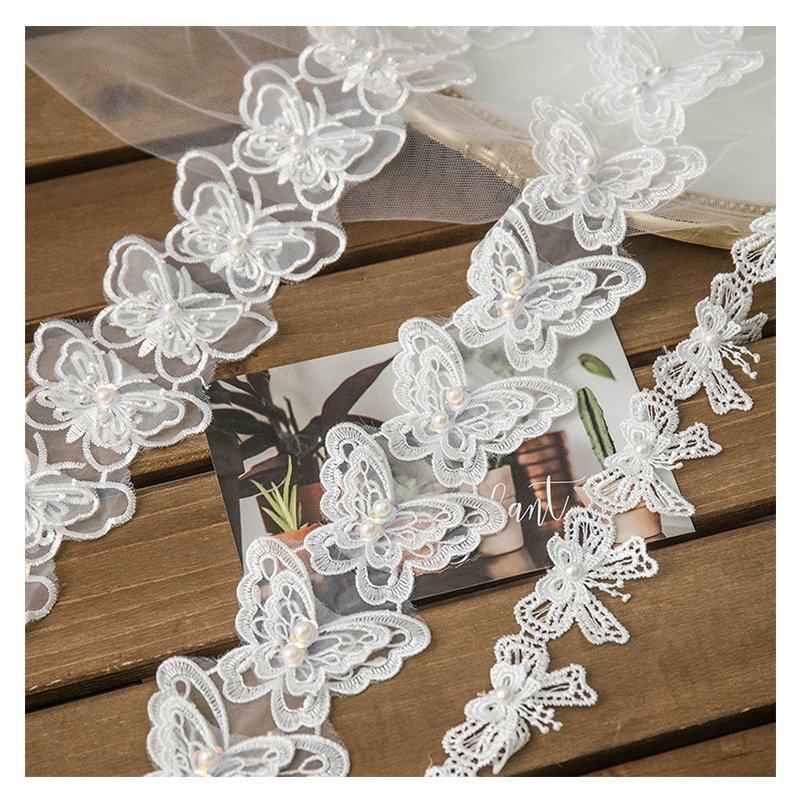 White Embroidery Lace Trim Fabric Butterfly Beads Decorate Sewing Guipure Lace Trim