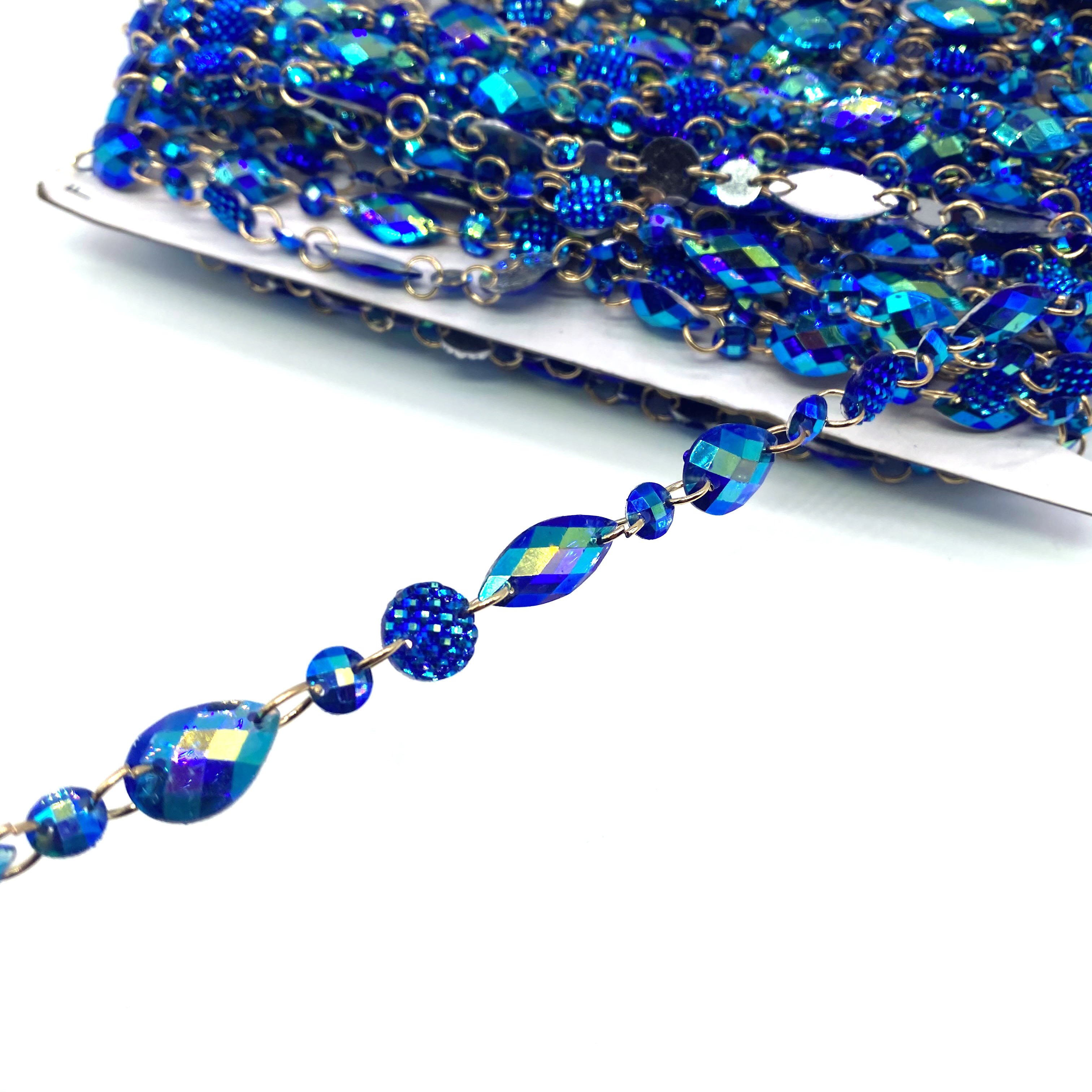 wholesale custom royal blue AB resin rhinestone handmade chain DIY carnival costume iridescent jewelry plastic stone trimming