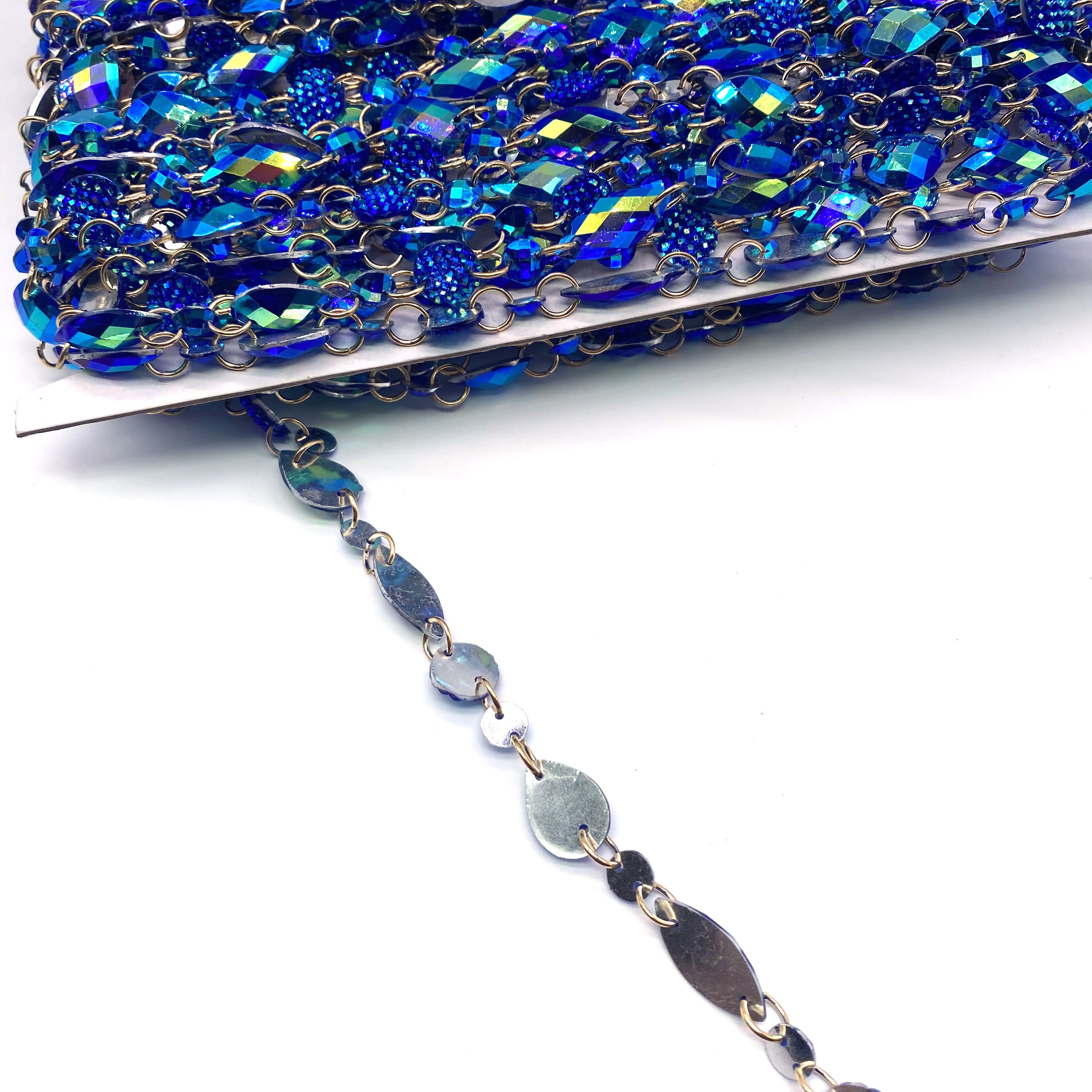 wholesale custom royal blue AB resin rhinestone handmade chain DIY carnival costume iridescent jewelry plastic stone trimming