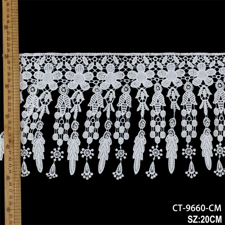 Factory price accept customized polyester embroidery elastic lace trim white material embroidery sequin Guipure Lace Trim