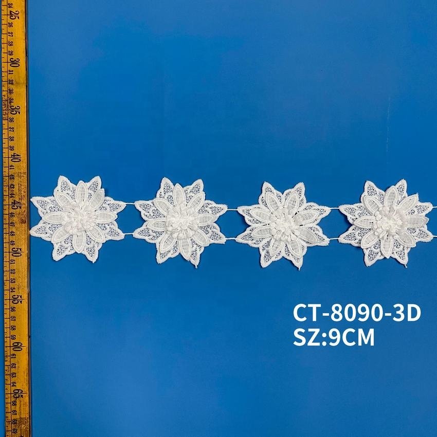 Floral rhinestone sequin seed bead lace applique Beaded Lace Trim for dress accessory white guipure 3d embroidery lace trim