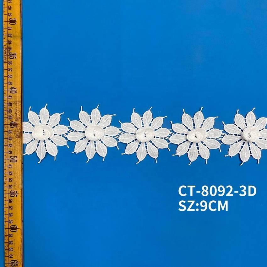 Floral rhinestone sequin seed bead lace applique Beaded Lace Trim for dress accessory white guipure 3d embroidery lace trim