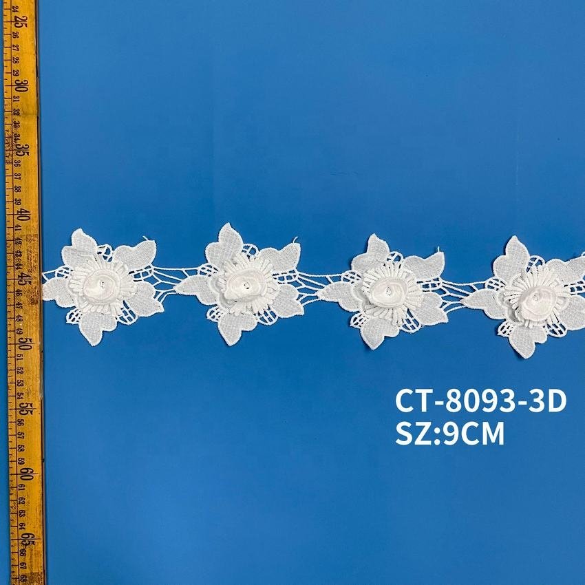 Floral rhinestone sequin seed bead lace applique Beaded Lace Trim for dress accessory white guipure 3d embroidery lace trim