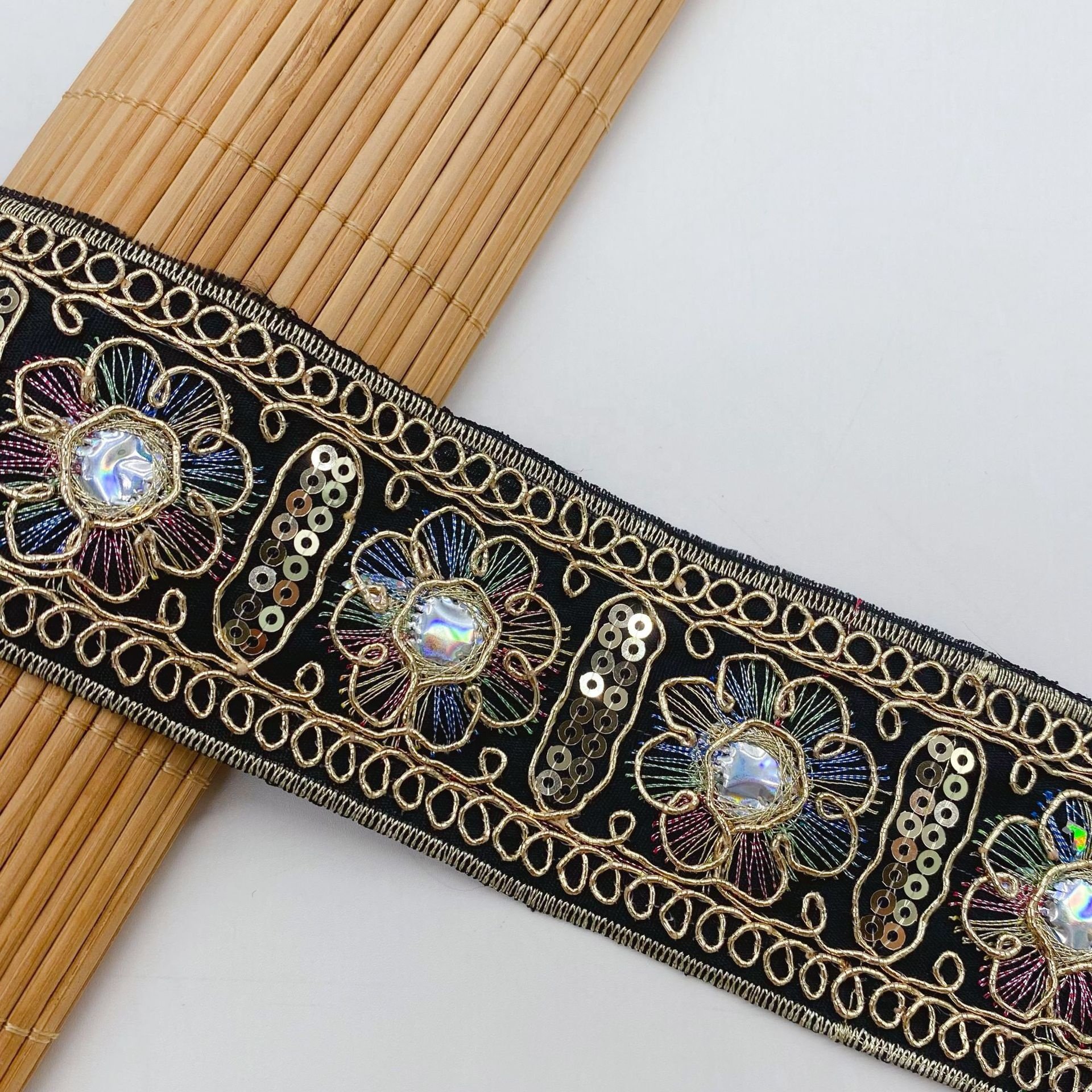 Ethnic style gold cord embroidery sequins organza lace trimming for clothing accessories LT2670B