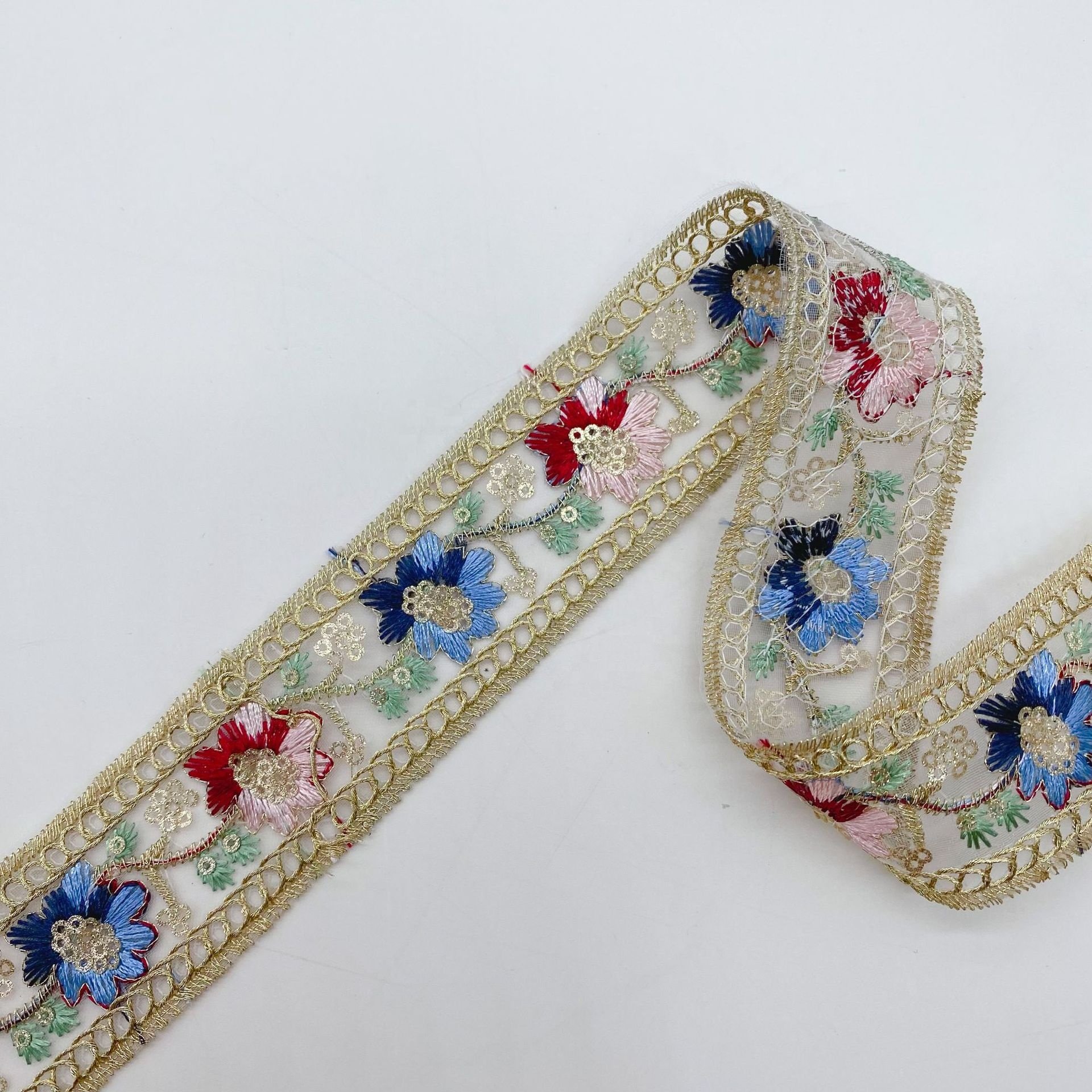 Ethnic style gold cord embroidery sequins organza lace trimming for clothing accessories LT2670B