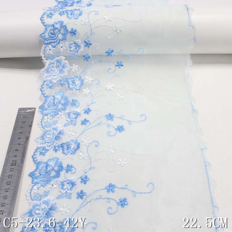 High Quality Cheap 23cm Light Blue Tulle Lace Trim Floral Embroidered Lace Wholesale