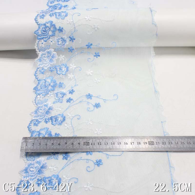 High Quality Cheap 23cm Light Blue Tulle Lace Trim Floral Embroidered Lace Wholesale