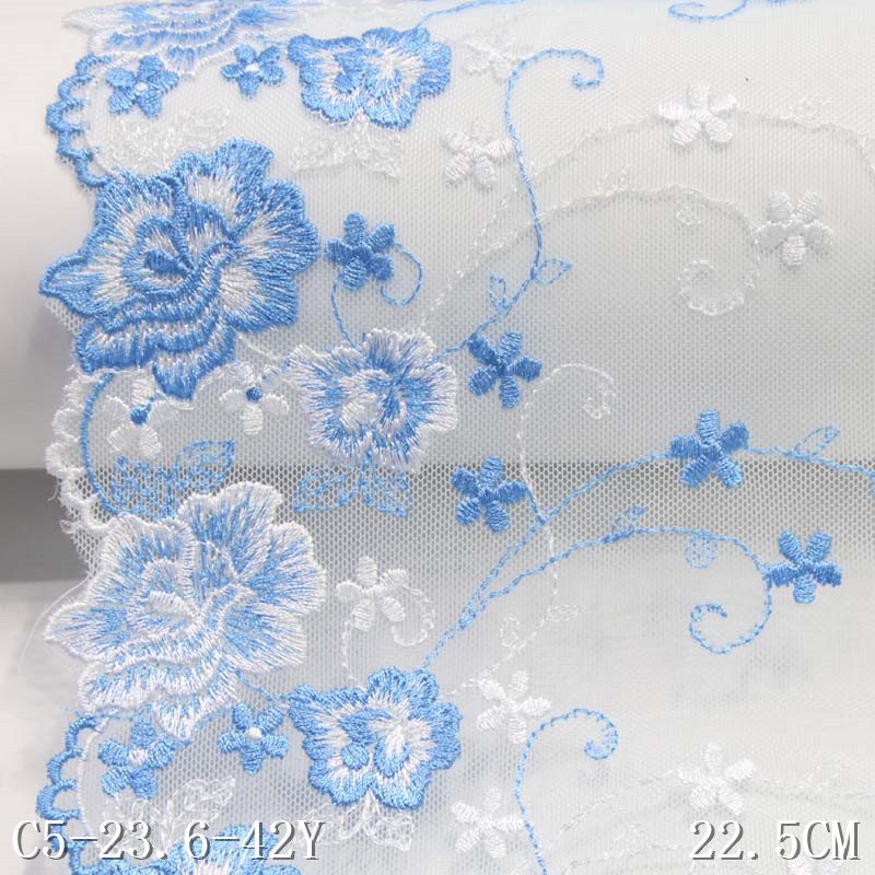 High Quality Cheap 23cm Light Blue Tulle Lace Trim Floral Embroidered Lace Wholesale