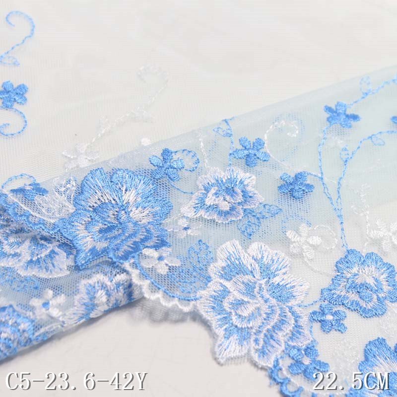 High Quality Cheap 23cm Light Blue Tulle Lace Trim Floral Embroidered Lace Wholesale