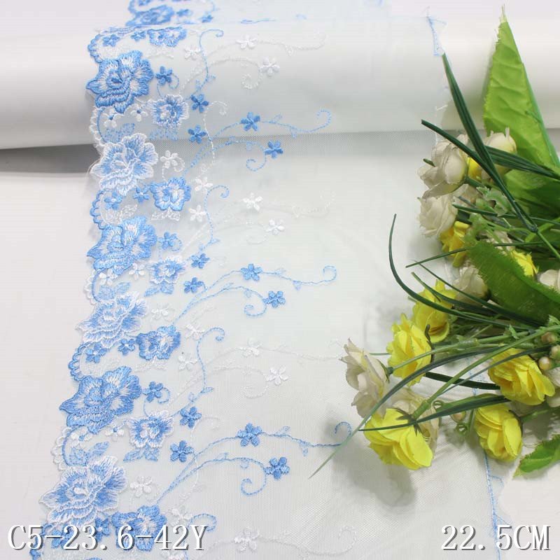 High Quality Cheap 23cm Light Blue Tulle Lace Trim Floral Embroidered Lace Wholesale