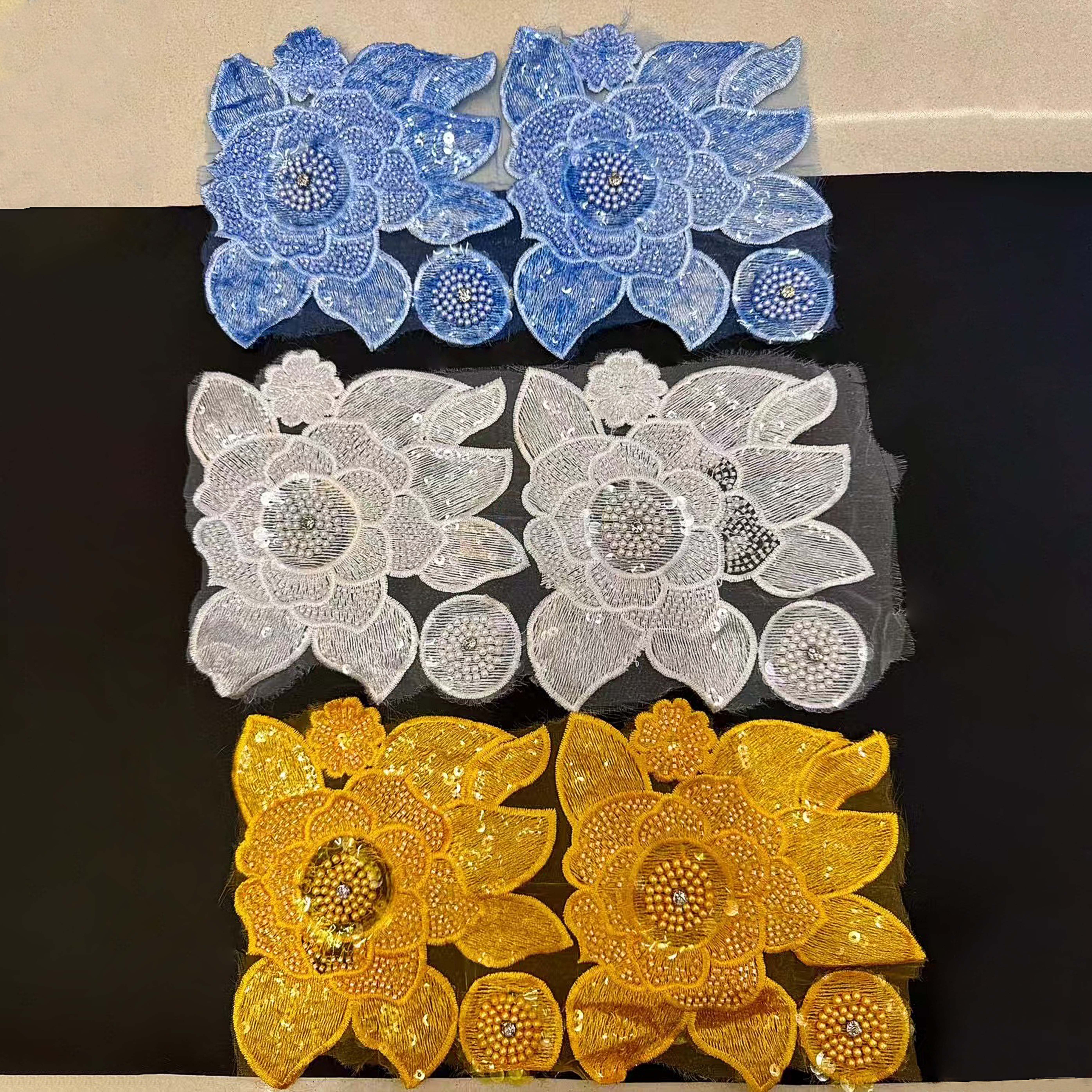 Wholesale Lace Fabric Custom Embroidery 3d Tulle Flower Bead Laces Trim Embroidery Bead Fabrics For Women Applique Trimming