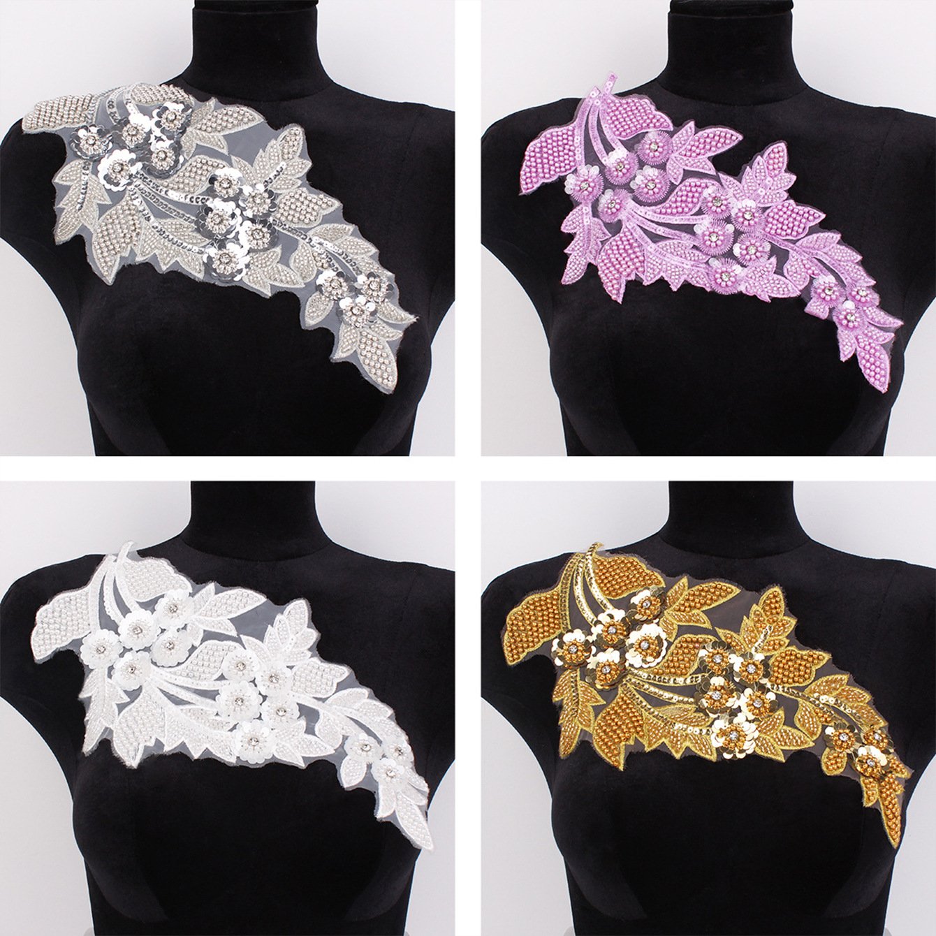 Shiny Beads Rhinestone Sequins Patches Gold Embroidery Mesh Lace Trimming For Women's Dresses Wedding Dress