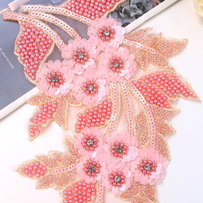 Shiny Beads Rhinestone Sequins Patches Gold Embroidery Mesh Lace Trimming For Women's Dresses Wedding Dress