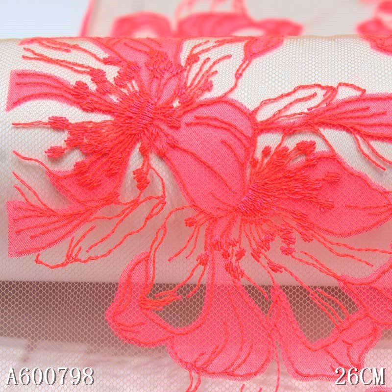 Bright Orange Flower Lace Nude Mesh Lace 26cm Showy Embroidery Lace Trim for Women