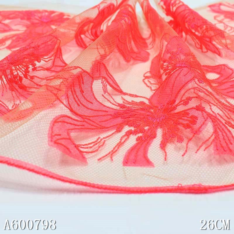 Bright Orange Flower Lace Nude Mesh Lace 26cm Showy Embroidery Lace Trim for Women