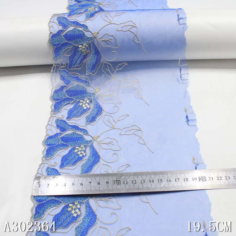 Delicate 20CM Blue Voile Fancy Flower Embroidery Lace Fabric Polyester Tulle Lace Trim For Women Dress