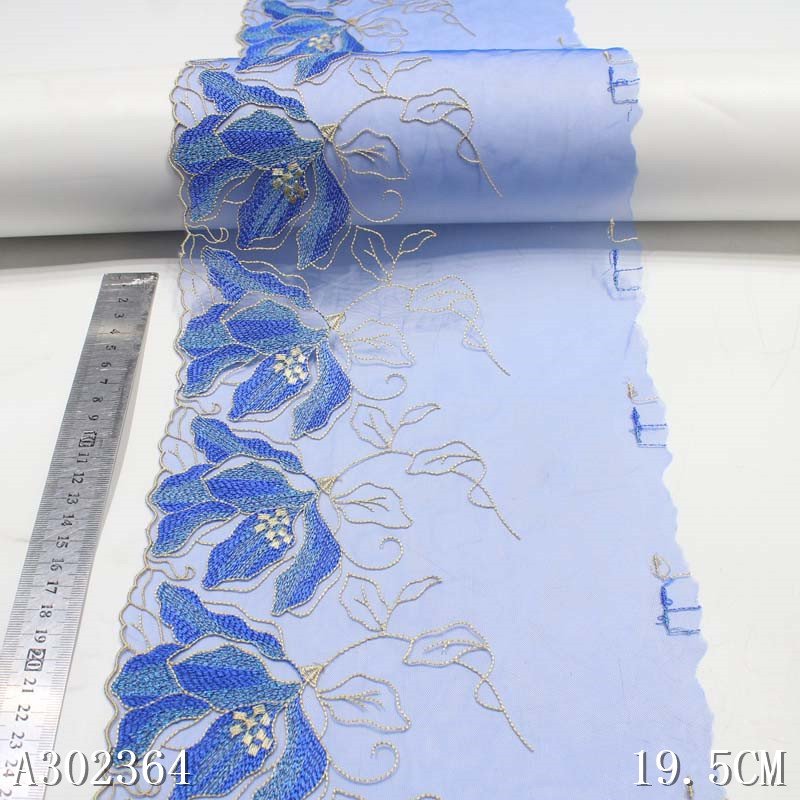Delicate 20CM Blue Voile Fancy Flower Embroidery Lace Fabric Polyester Tulle Lace Trim For Women Dress