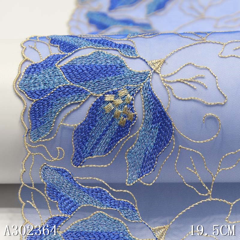 Delicate 20CM Blue Voile Fancy Flower Embroidery Lace Fabric Polyester Tulle Lace Trim For Women Dress