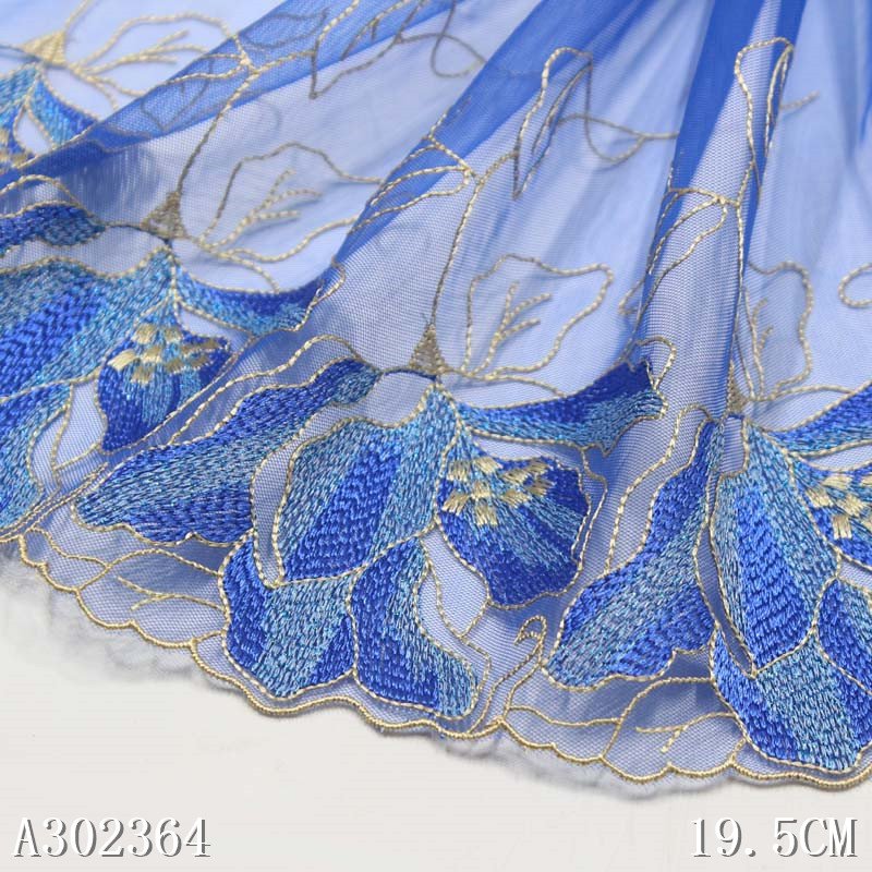 Delicate 20CM Blue Voile Fancy Flower Embroidery Lace Fabric Polyester Tulle Lace Trim For Women Dress