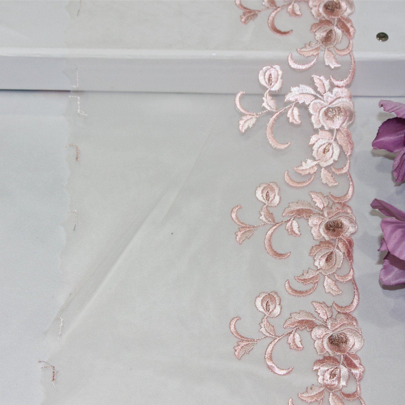Elegant 19CM Pink Flower Tulle Fine Flower 3D Embroidery Lace Trim Lace Fabrics For Women Dress