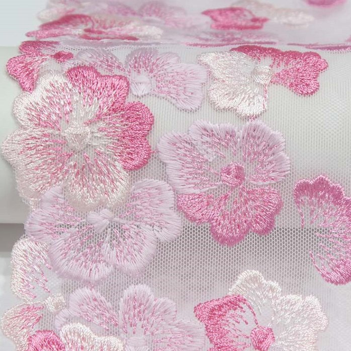 New Arrival French Pink Tulle Lace 18.5cm Embroidery Lace Trim with Bright Pink Flower for Young Girls