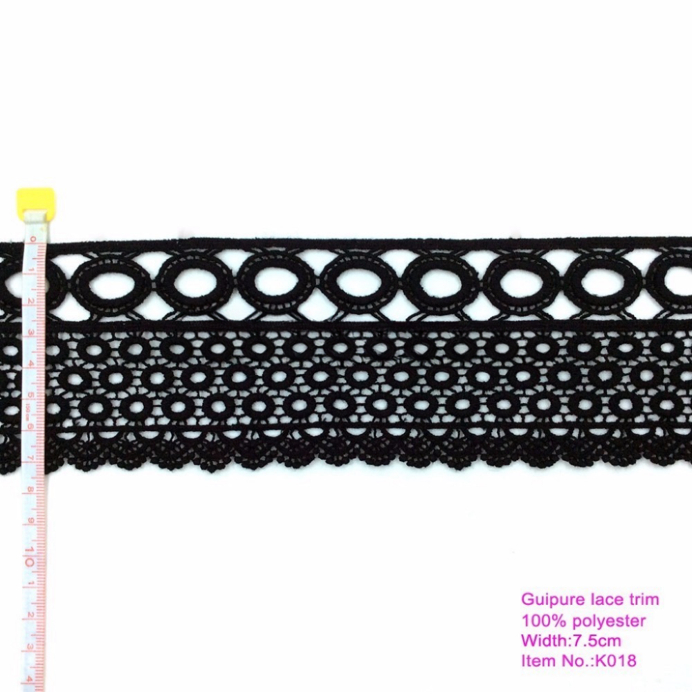 7.5cm wide guipure lace trim in black color for garment