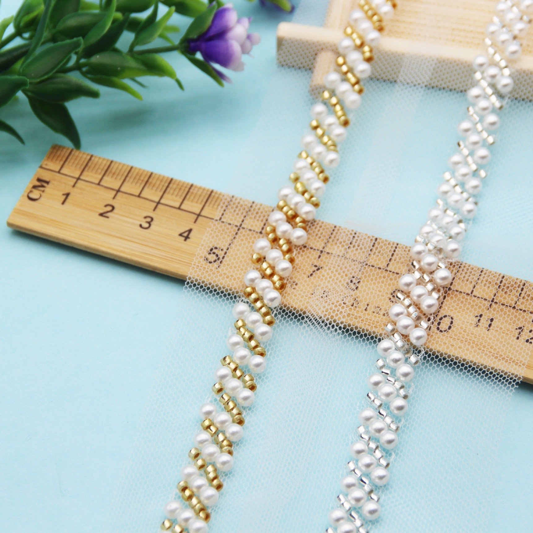 Handmade Embroidered Rhinestone Trim Luxury Pearl Embroidery Lace Three Diagonal Row Pearl Lace Trim Top Dresses Gold Lace