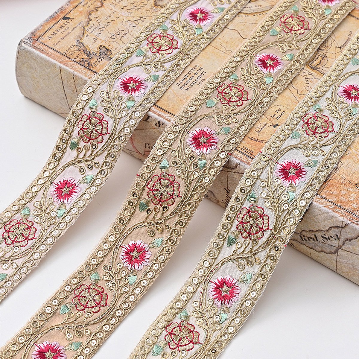 4CM Multicolor Embroidery 3D Flower Golden Thread Sequins Ethnic Style Textile Sewing Lace Trim For Women's Traditional Dress