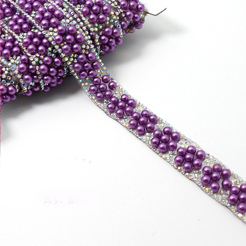 Purple Black Green Hot Fix Rhinestone Trimming Tape Flower & Pearl Styles for Clothing & Shoe Processing Craft Use