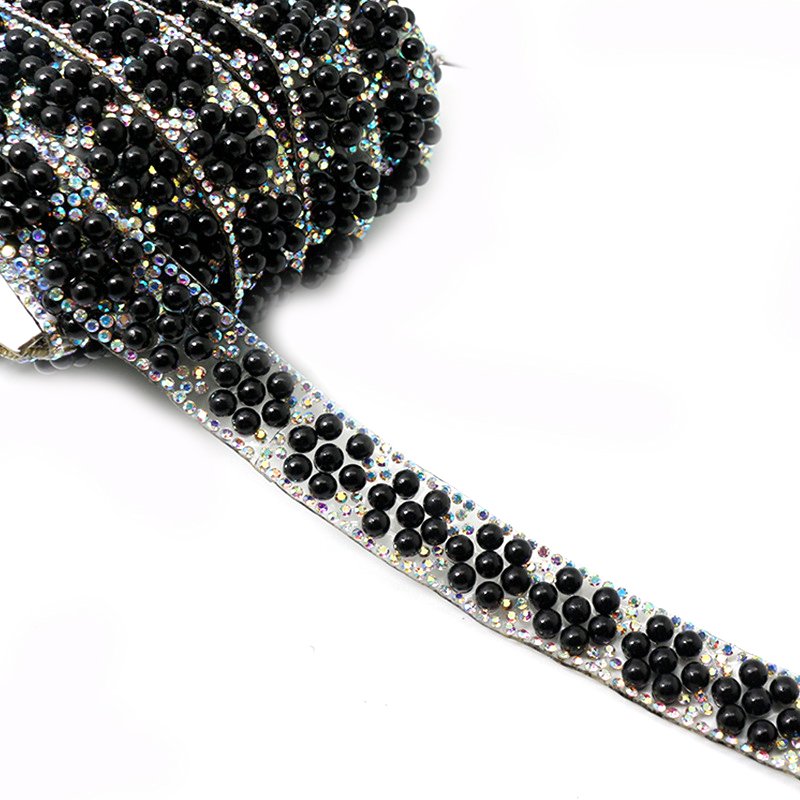 Purple Black Green Hot Fix Rhinestone Trimming Tape Flower & Pearl Styles for Clothing & Shoe Processing Craft Use