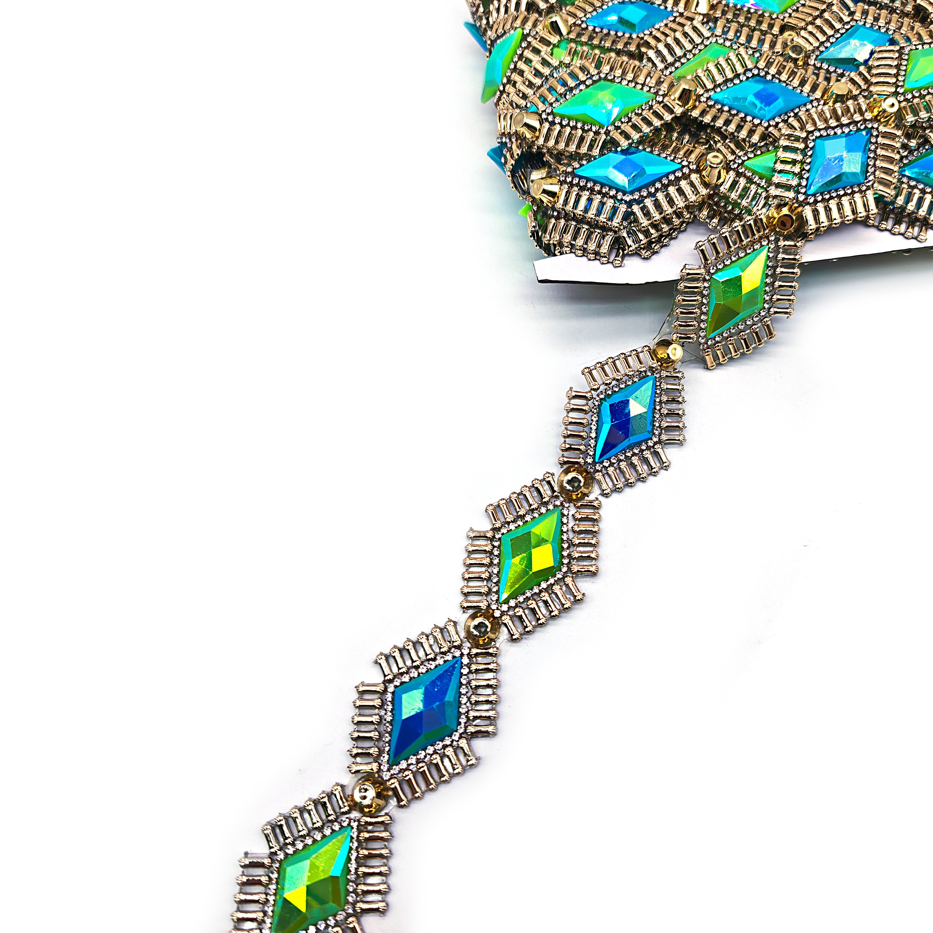 DIY Carnival Costumes Accessories Blue and Green Iridescent Gems Stone Appliques Iron-On Trim Chain for Clothing