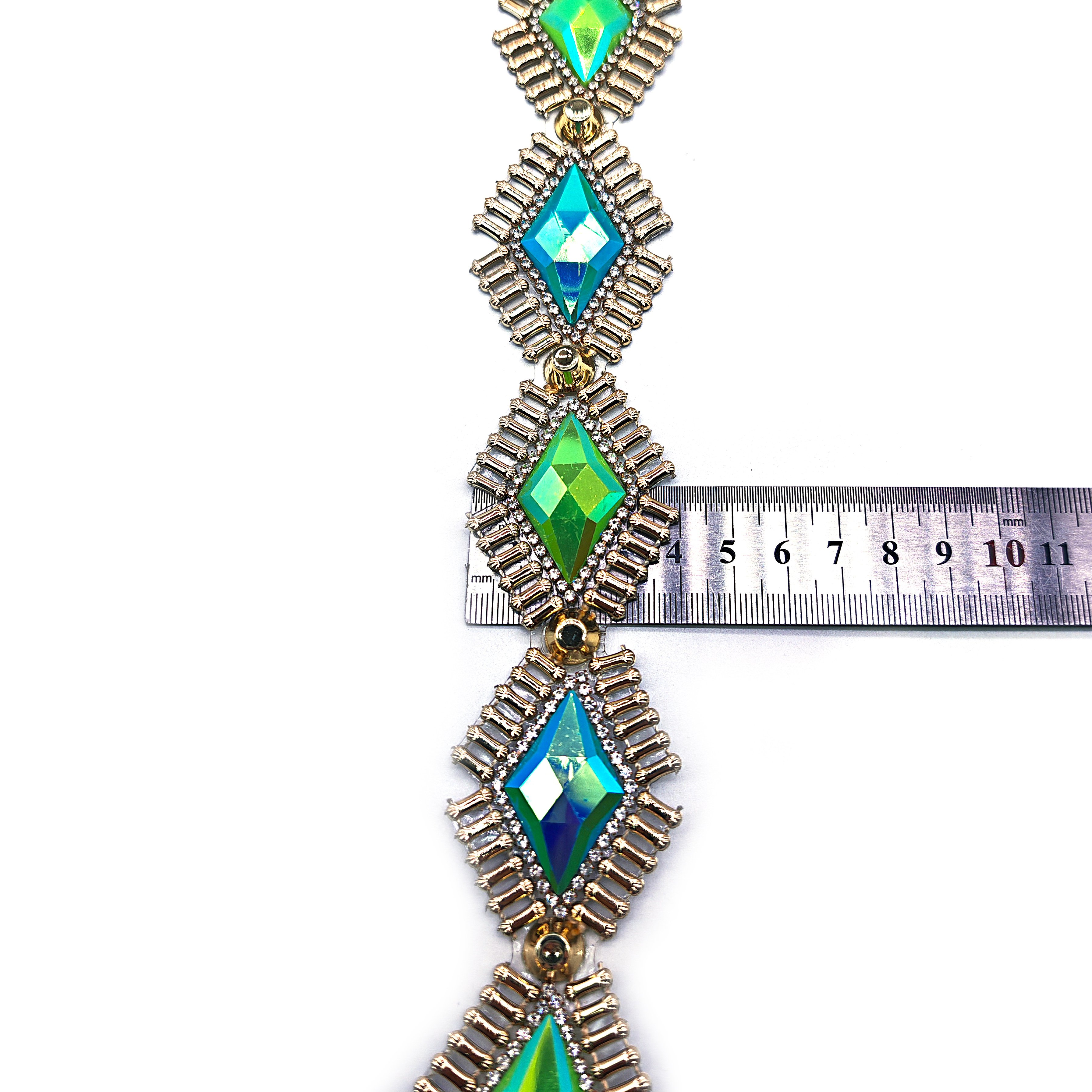 DIY Carnival Costumes Accessories Blue and Green Iridescent Gems Stone Appliques Iron-On Trim Chain for Clothing