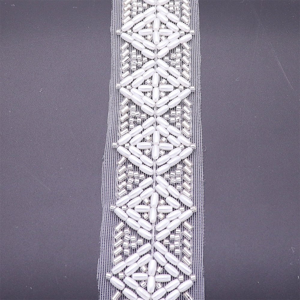 New Style Machine Embroidery Lace Trim White Square Shape Pearls Beads Sew On Lace Trim For Bridal