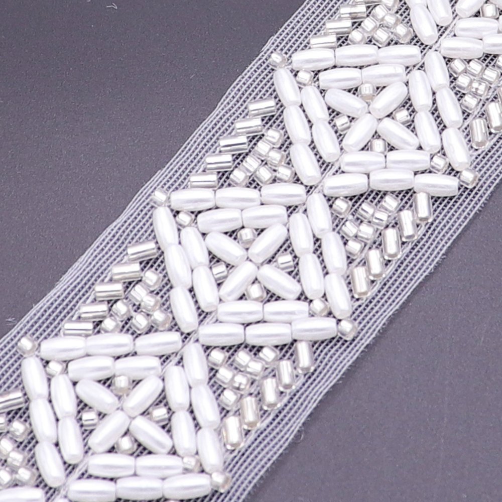 New Style Machine Embroidery Lace Trim White Square Shape Pearls Beads Sew On Lace Trim For Bridal