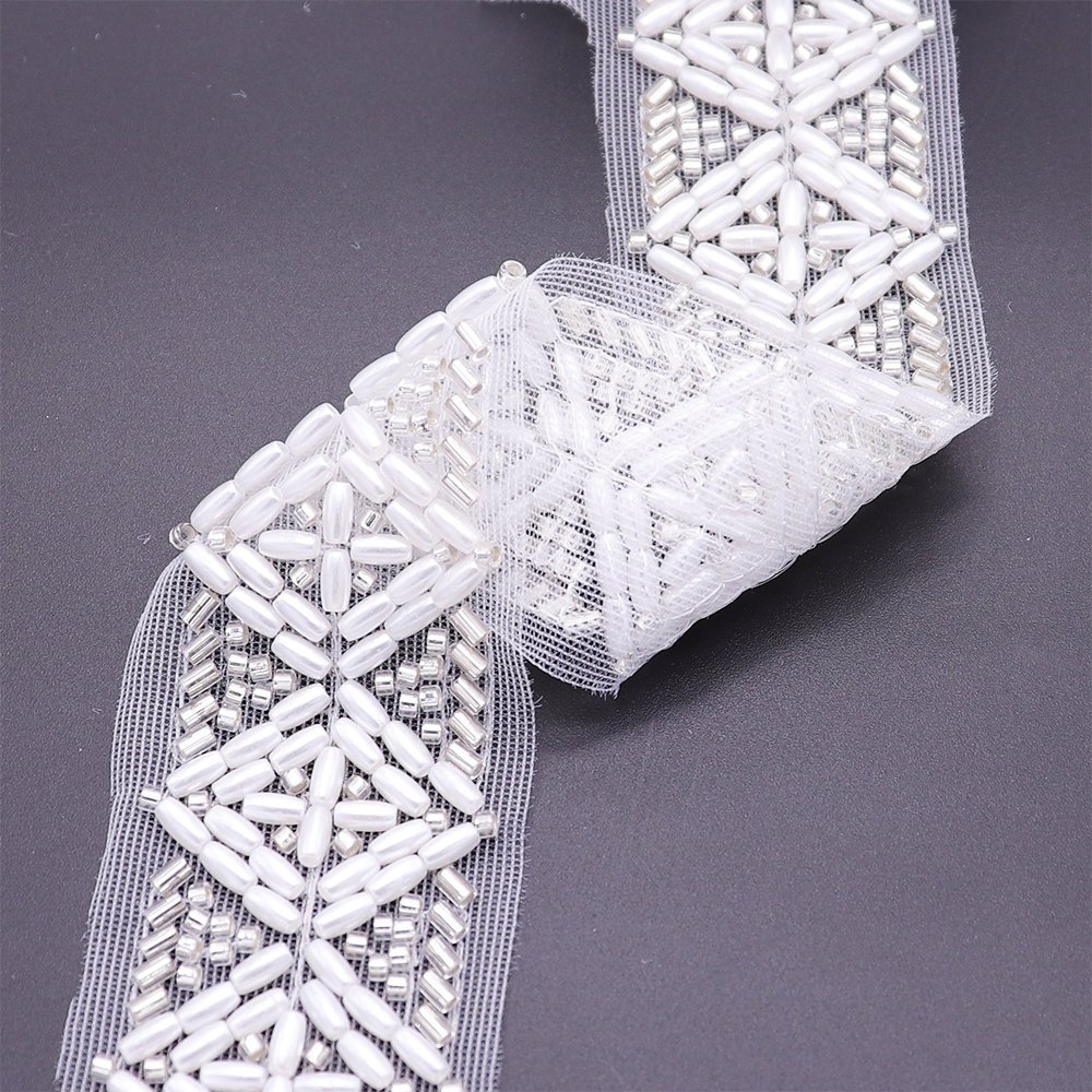 New Style Machine Embroidery Lace Trim White Square Shape Pearls Beads Sew On Lace Trim For Bridal