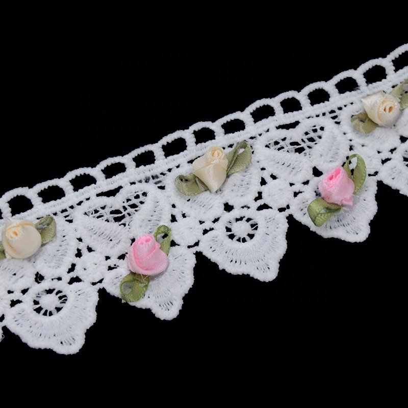 Colorful and high quality polyester lace embroidery 3d flower trimmings for dress with eyelet guipure lace trim patches