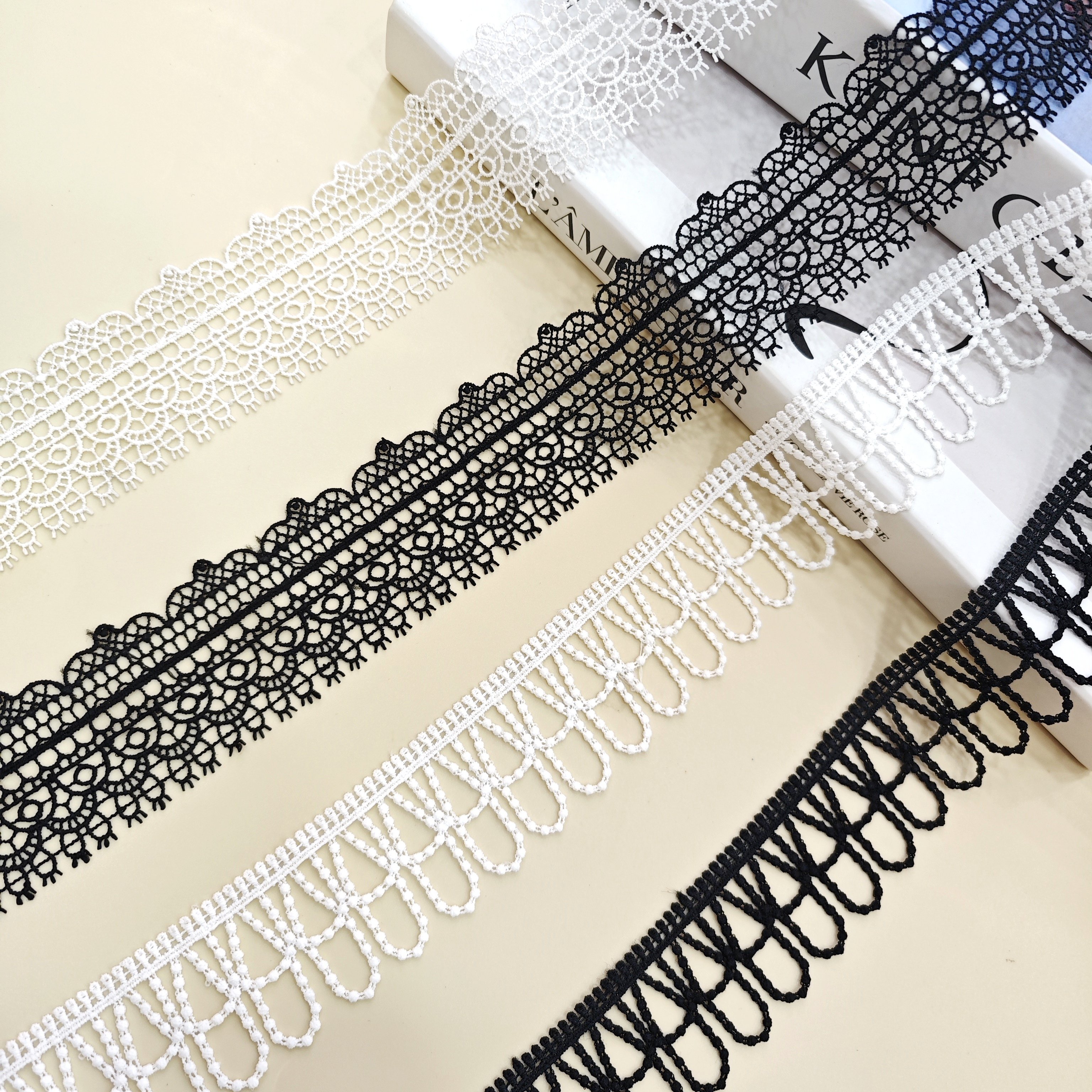 Free sample Geometric Embroidery Milk Silk bridal Lace Trim White Black Border guipure lace gown