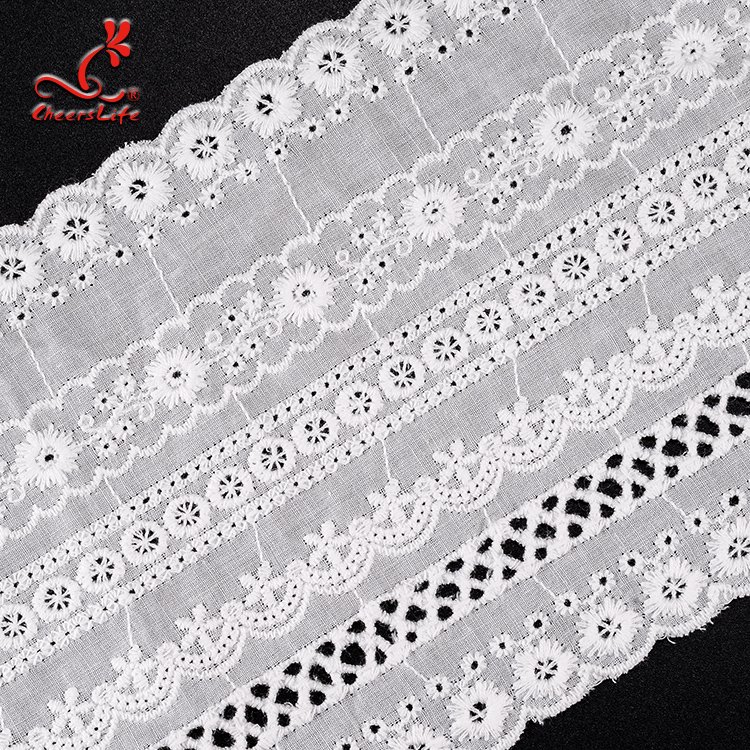 Flower Lace Trim High Quality Wholesale Embroidery Water Soluble Delicate Cotton Embroidery Fabric White Beautiful 100% Cotton